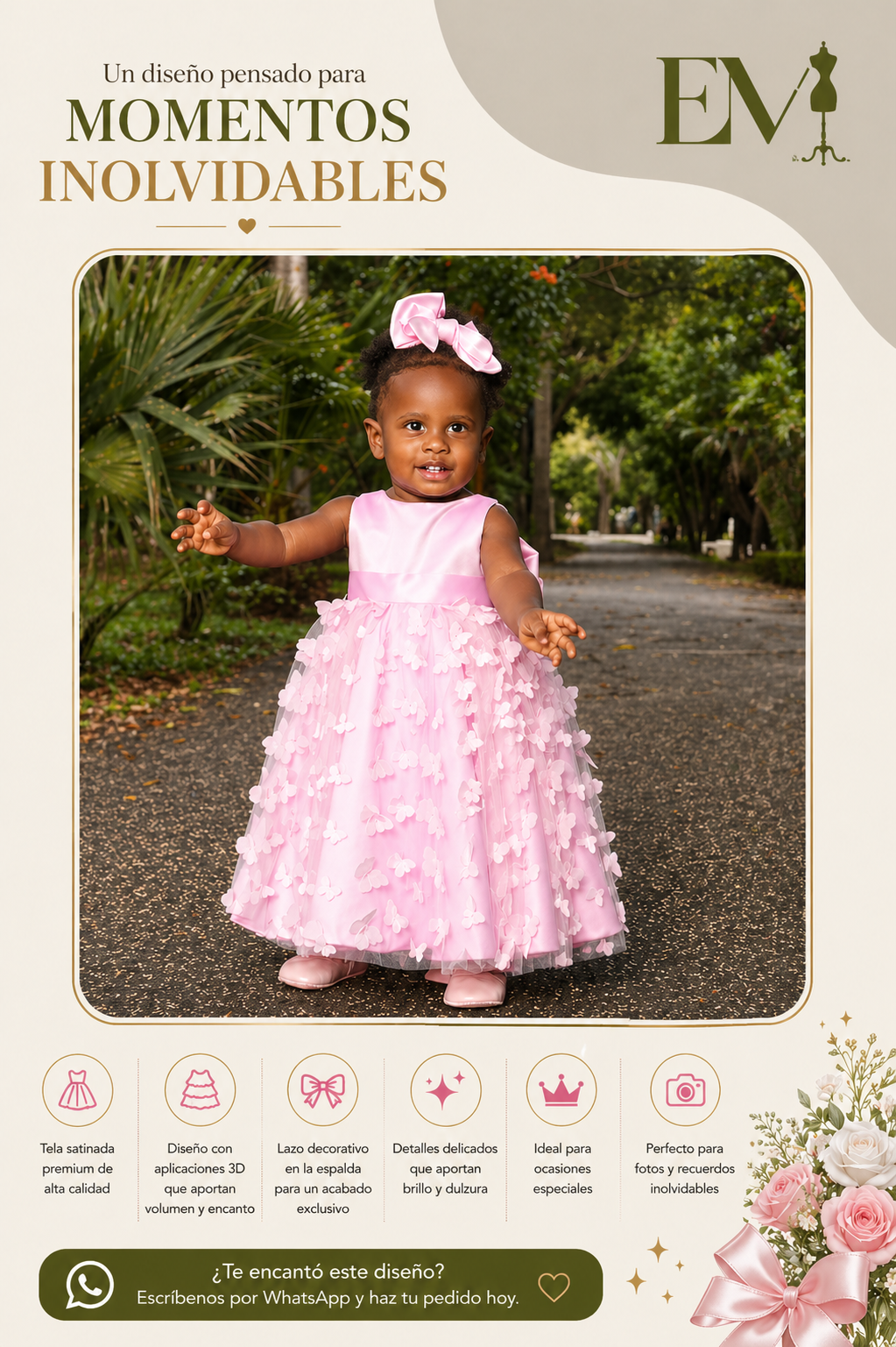 Vestido de princesa rosa con tul esponjoso y detalles florales