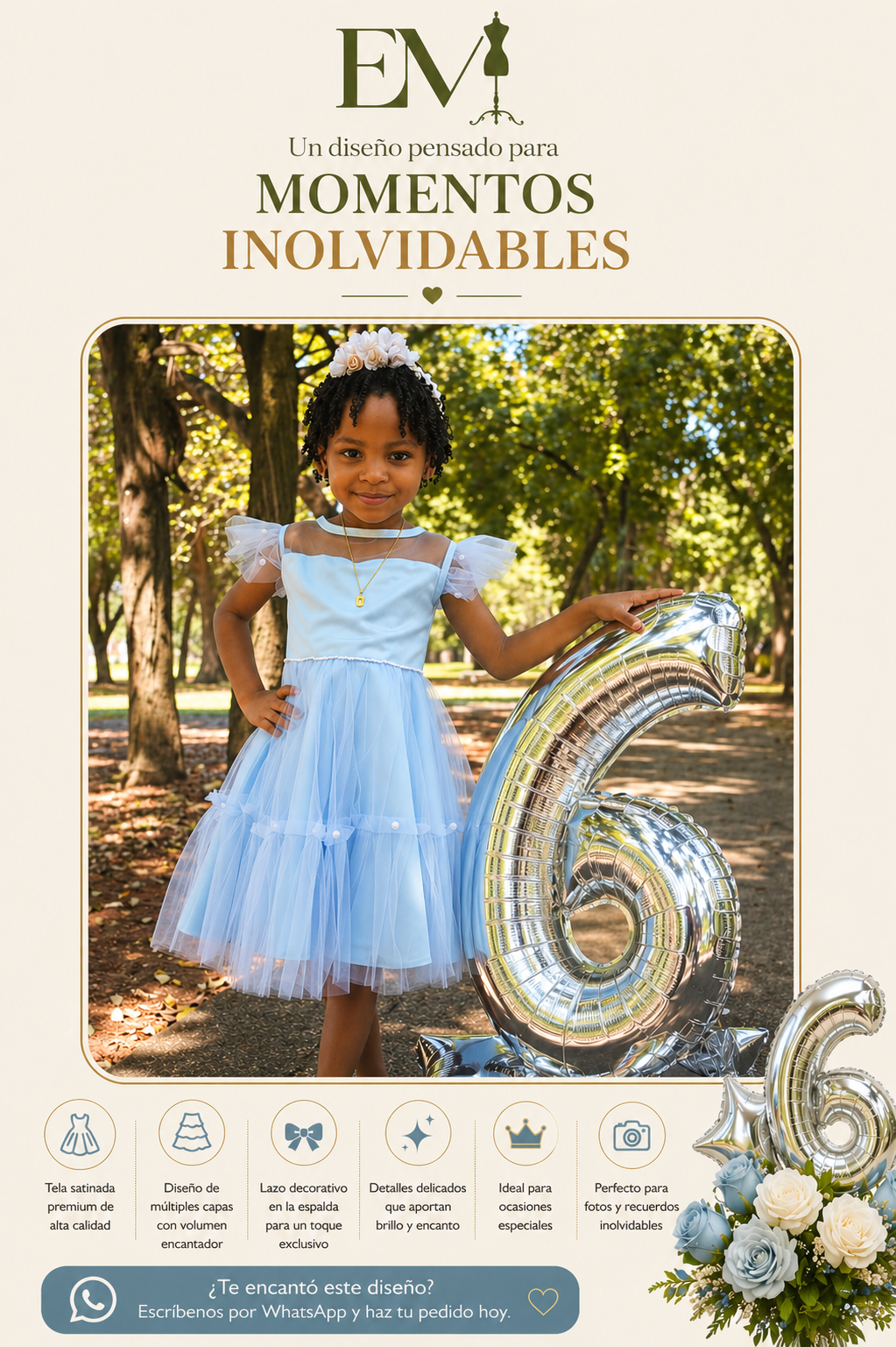 Vestido celeste con lazo y detalles de encaje para niña