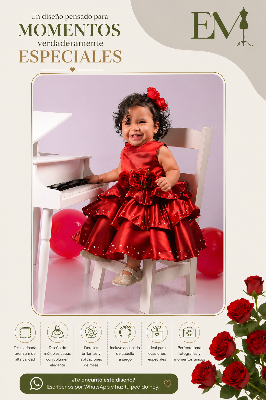 Vestido rojo con volantes y flores decorativas para niña
